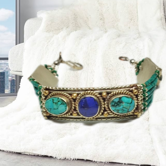 .Native American Style Handmade Bracelet with Turquoise & Lapis Lazuli - Picture 2 of 4